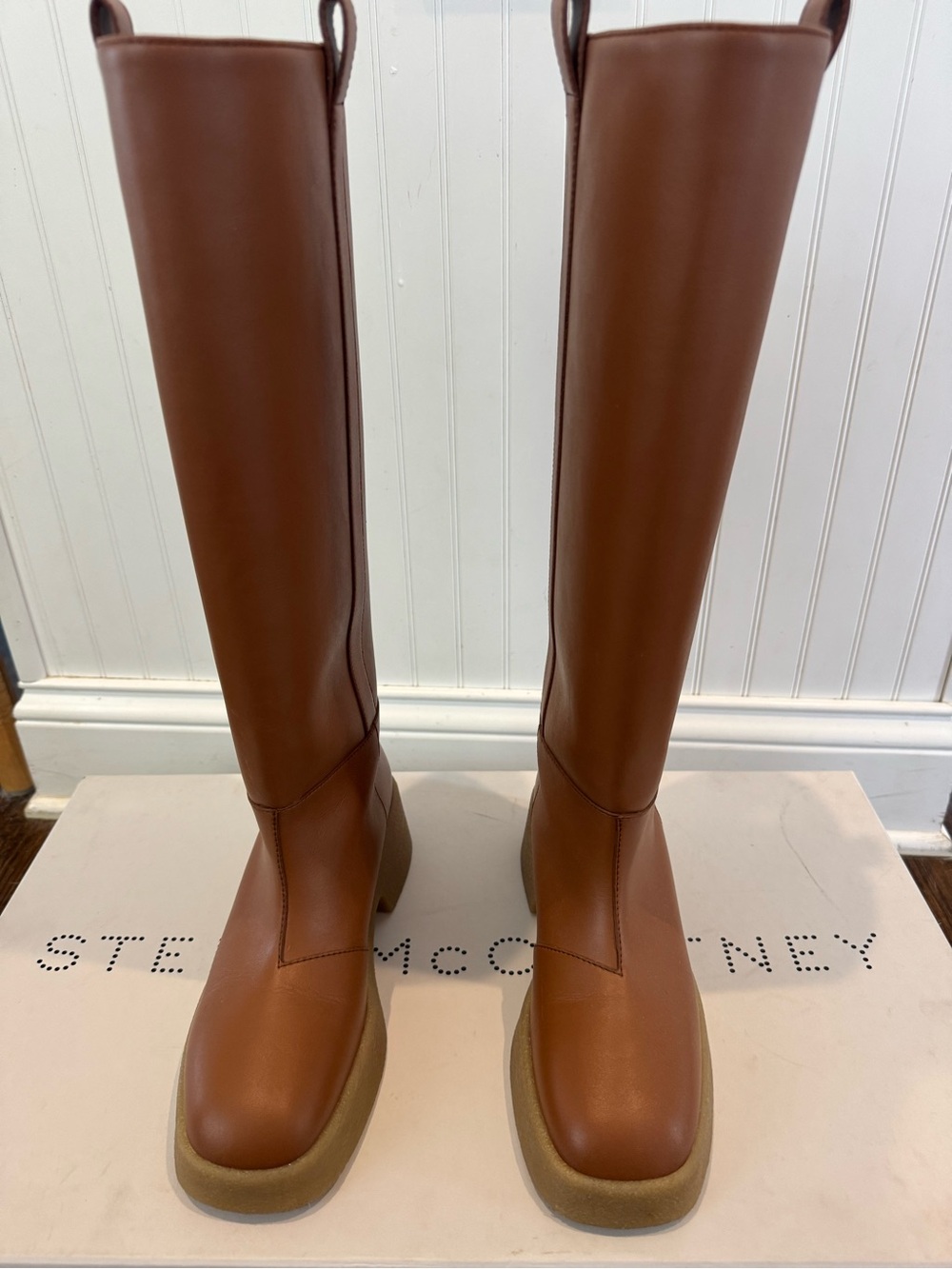 Stella McCartney Skyla Knee High Boots Womens 37.5 Tan Brown Round Toe Pull On